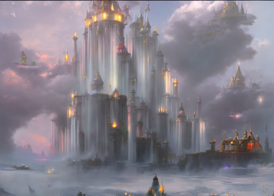 Mystical floating city with cascading waterfalls and spires in pastel hues