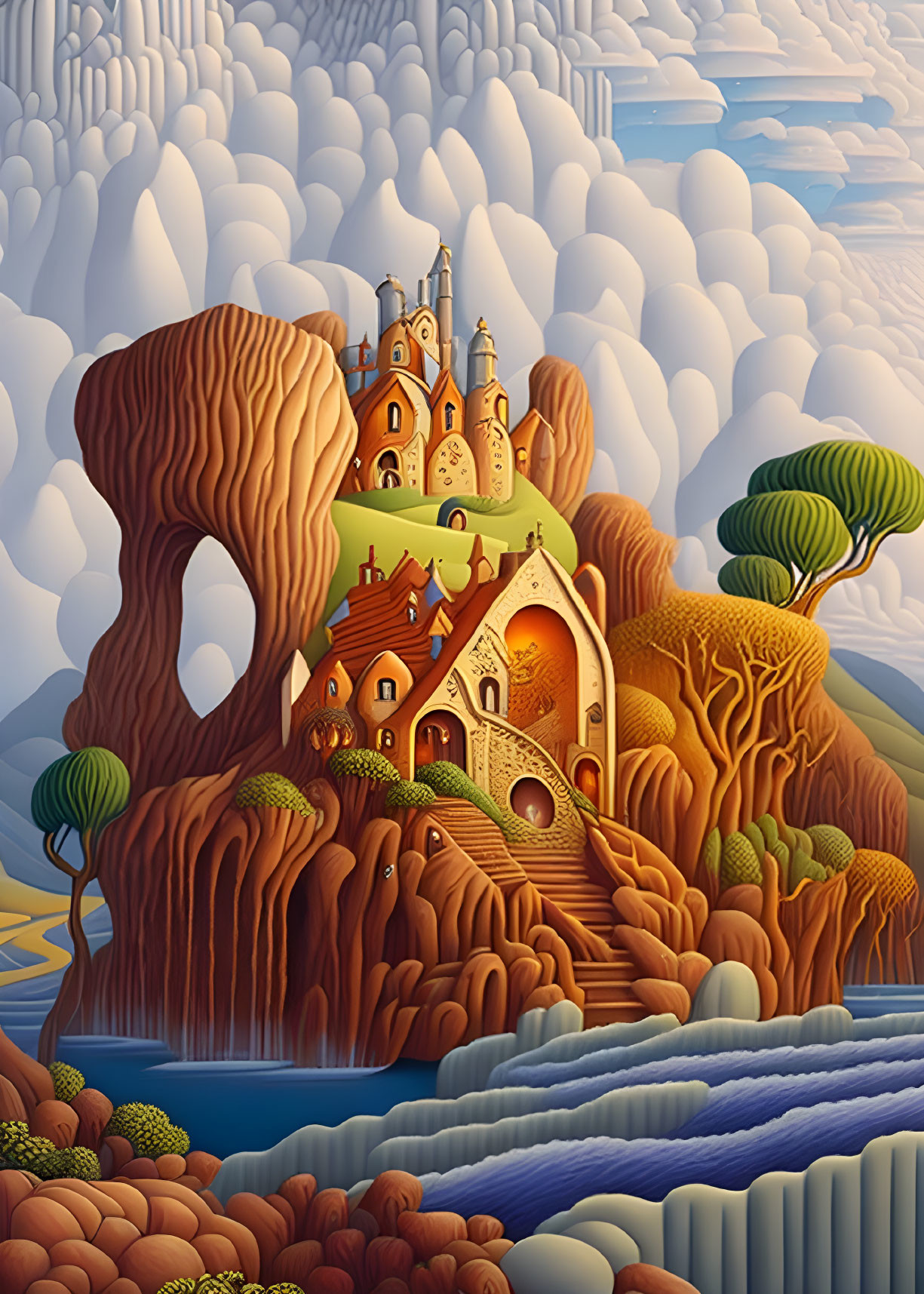 Surreal castle landscape with stylized trees and waterfall