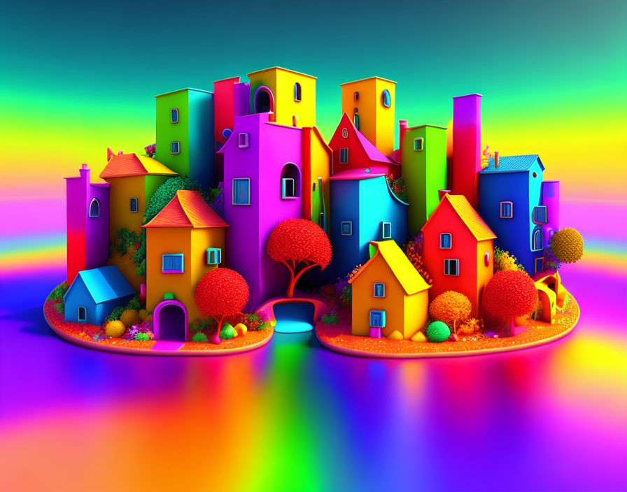 Whimsical illustration of vibrant village on floating islands