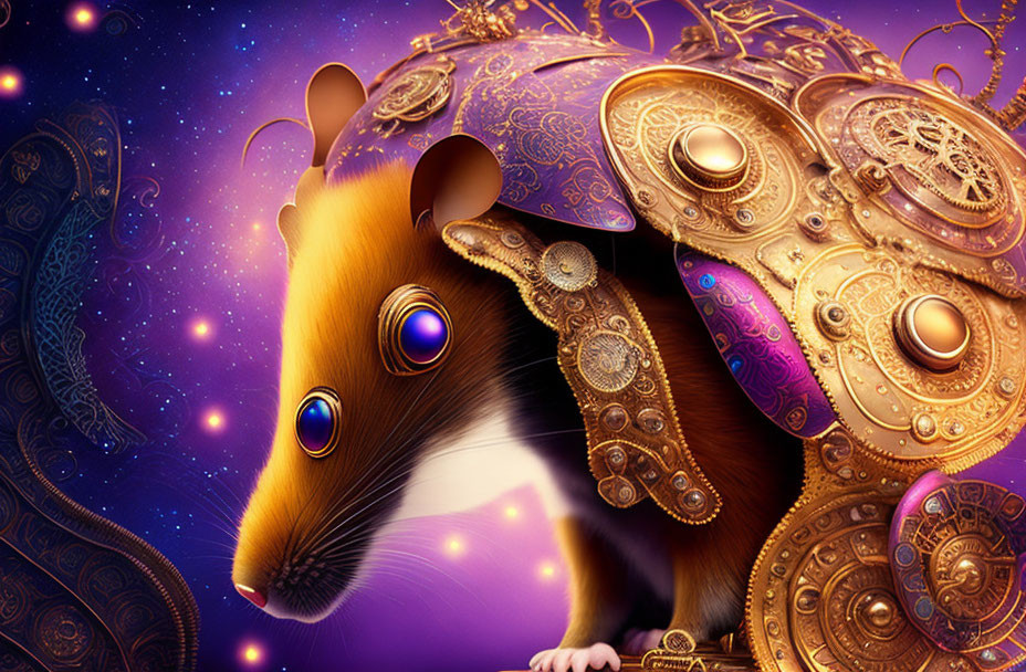 Steampunk-inspired guinea pig digital artwork with metallic gear embellishments on purple backdrop