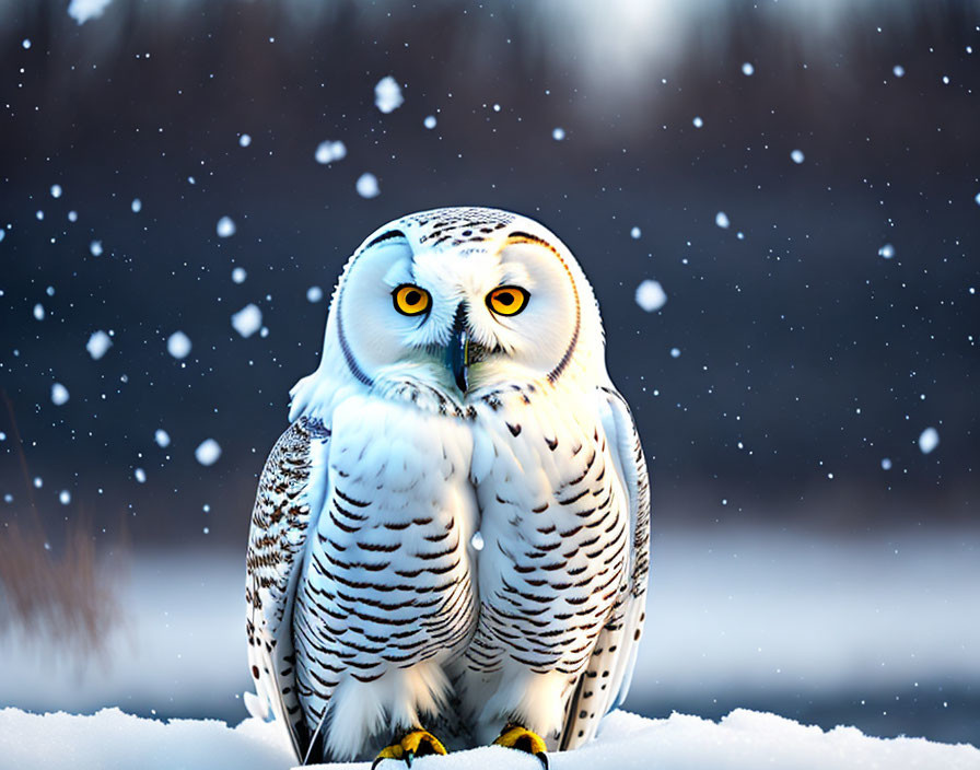Snowy Owl Perched in Snowfall with White and Black Plumage