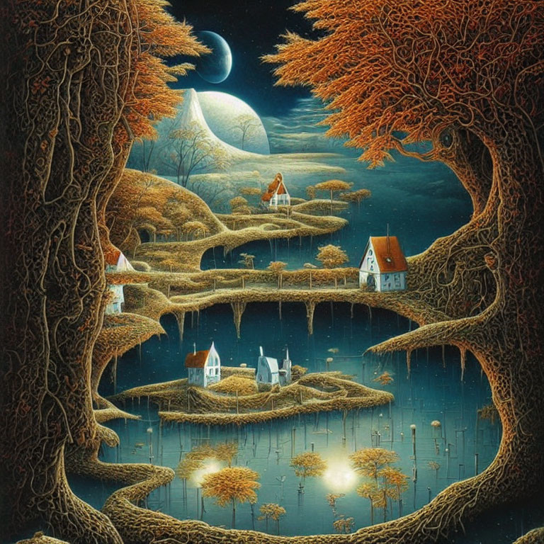 Detailed painting of mystical forest with whimsical trees, terraced houses, reflective pond, and crescent
