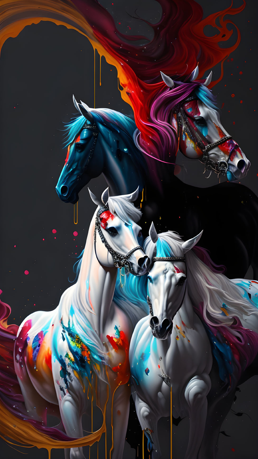 Colorful Painted Horses on Dark Background