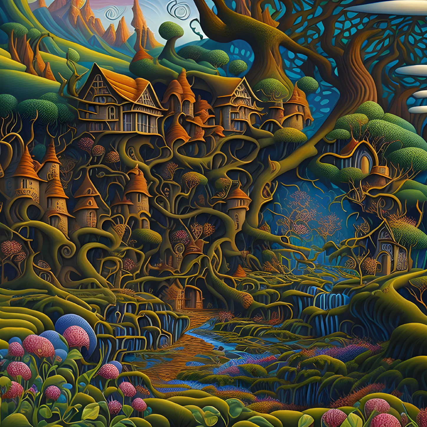 Fantastical landscape with whimsical trees and peculiar houses
