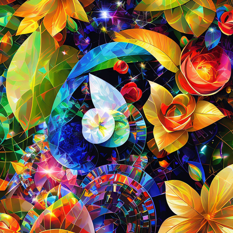 Colorful Digital Artwork: Luminescent Leaves and Flowers with Mosaic Background