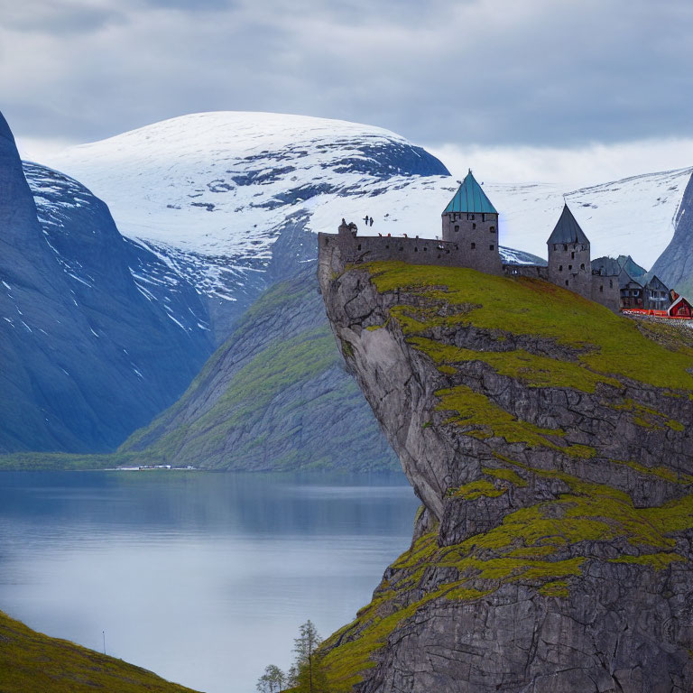 Medieval castle on cliff by serene lake with snow-capped mountains.