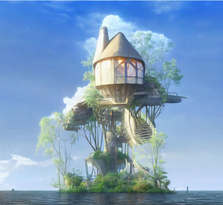 Whimsical treehouse with conical roof and lush greenery