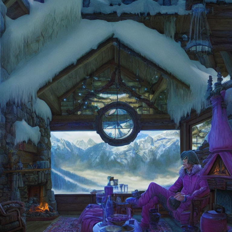 Snowy cabin interior with fireplace and mountain view