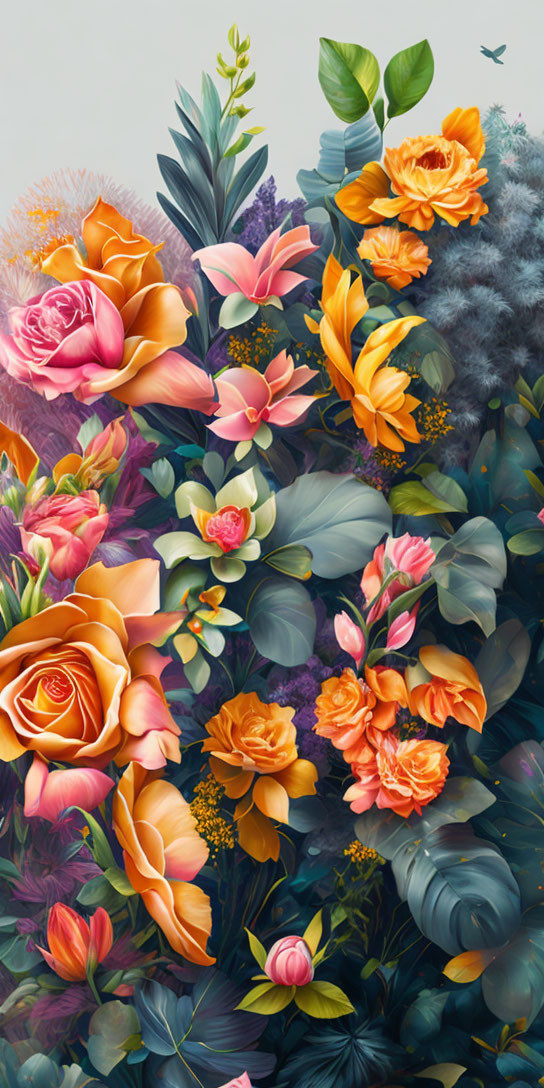 Colorful Floral Artwork Featuring Orange Roses and Bird in Flight