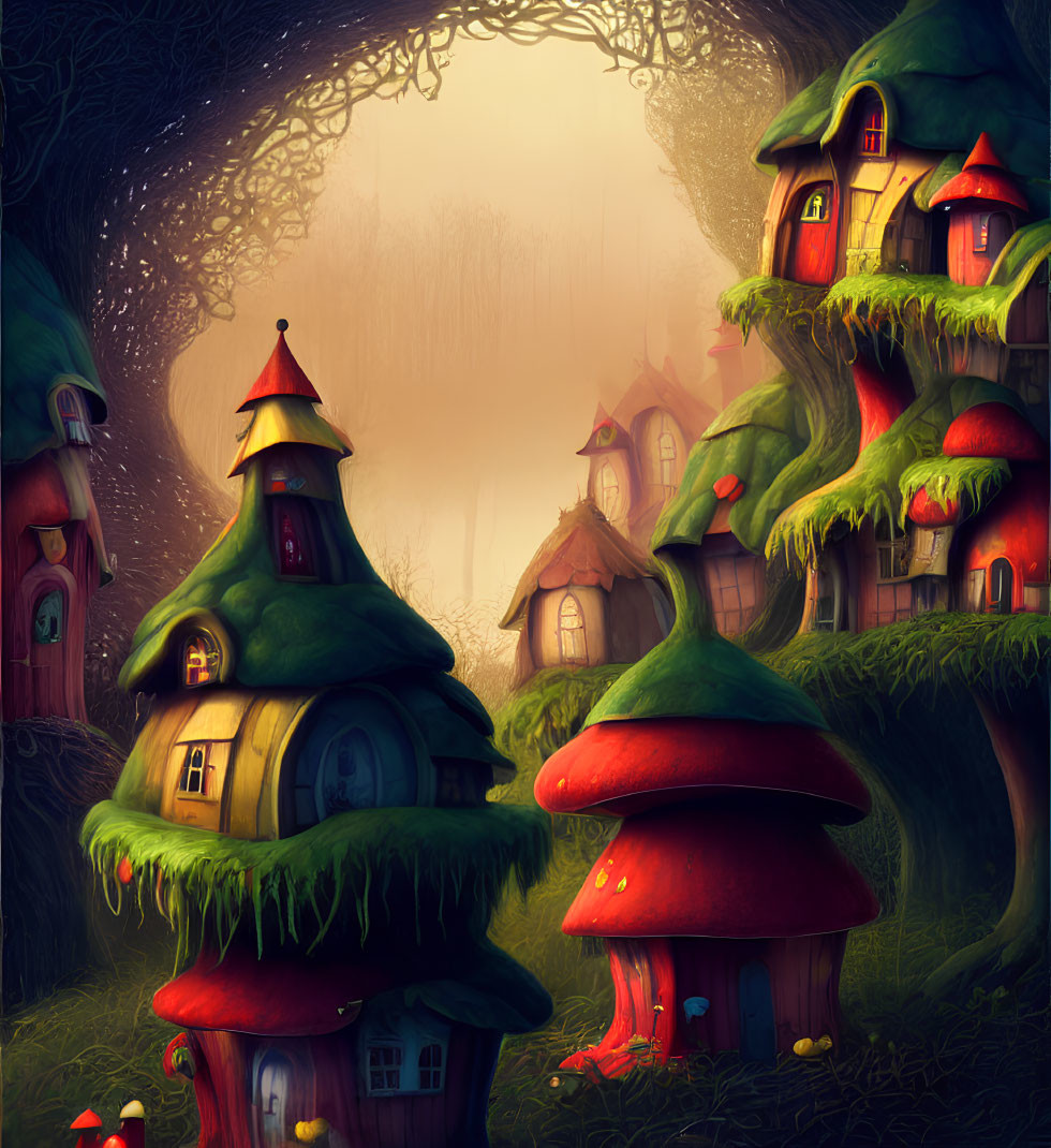 Whimsical Mushroom Houses in Enchanted Forest Setting