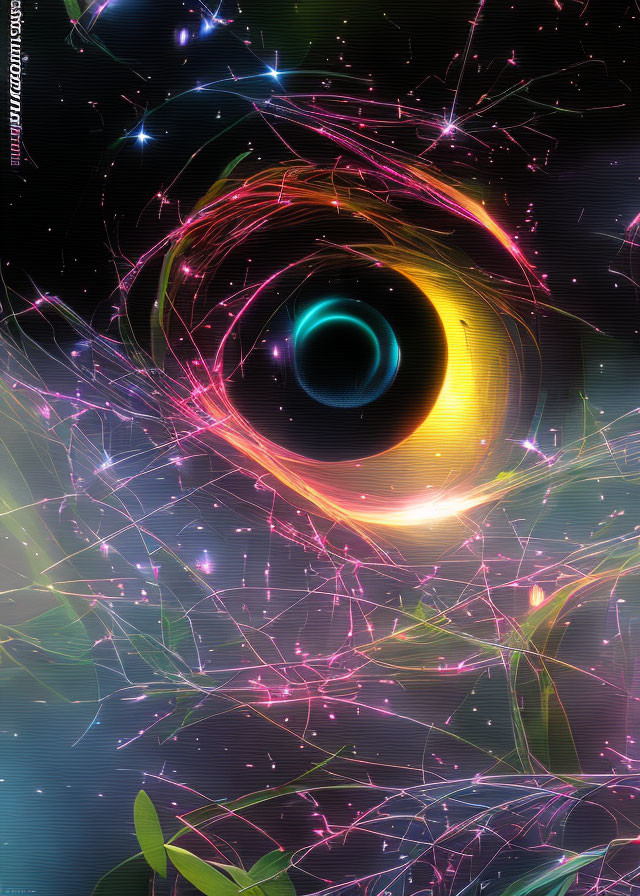 Colorful digital artwork of stylized black hole with light beams and foliage on starry background