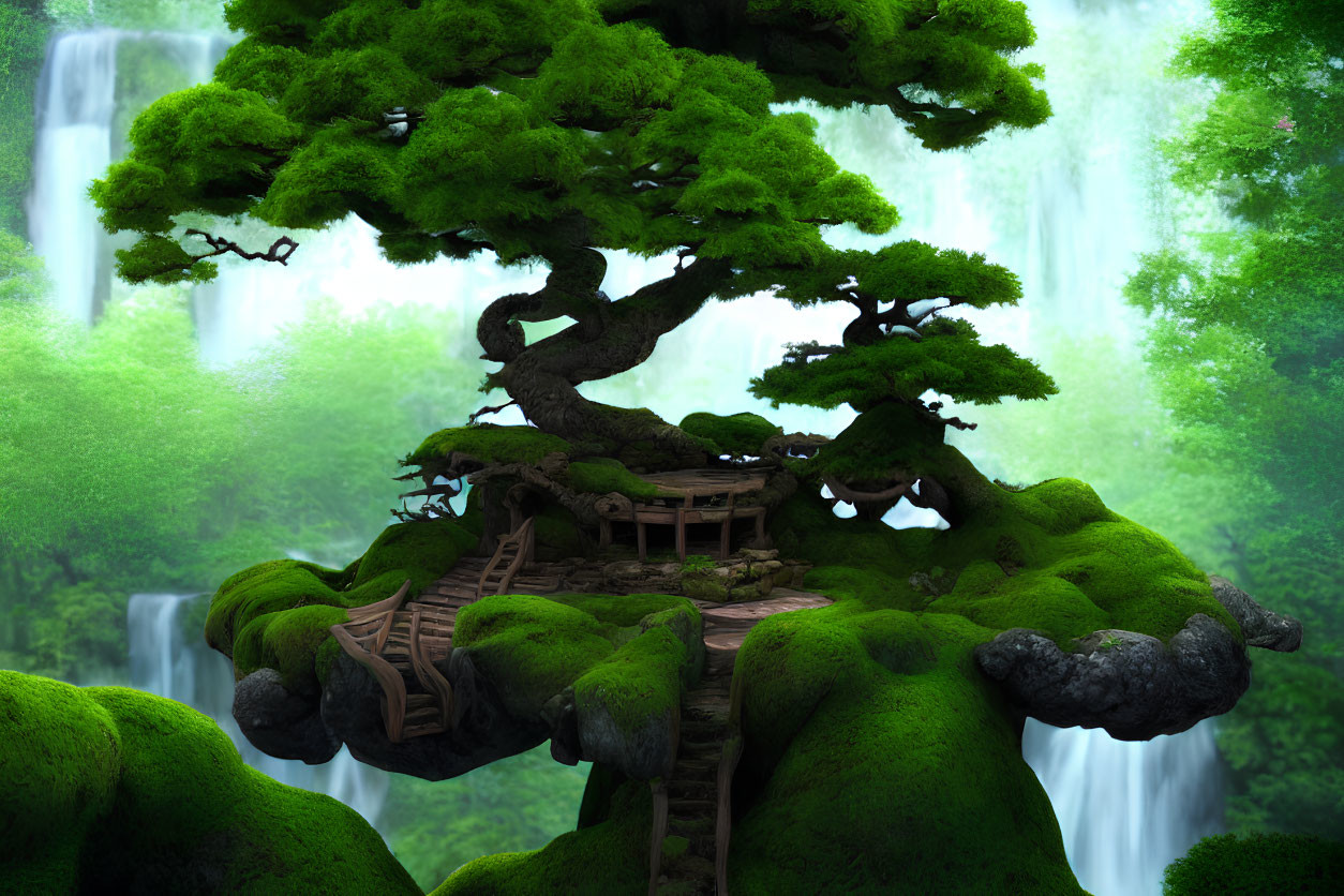 Fantasy illustration of lush green bonsai tree on floating island