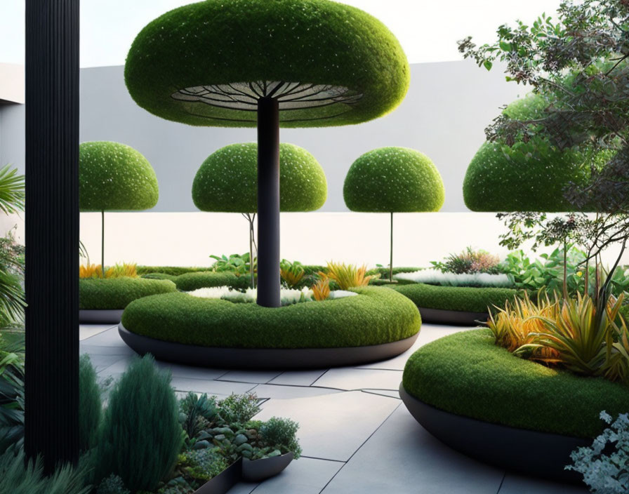 Modern Garden Design with Mushroom-Shaped Green Hedges and Geometric Path