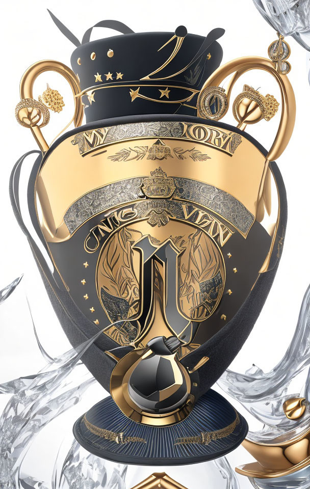 Black and Gold Soccer Trophy with "MY GLORY" Inscription and Star Patterns