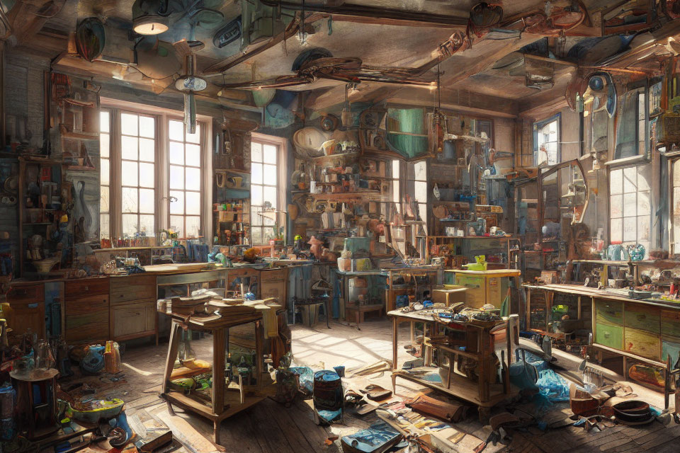 Sunlit cluttered workshop with tools, paints, and crafted objects scattered around