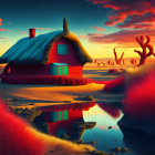 Colorful surreal landscape with red-roofed house, neon grass, mirror lake, sunset sky