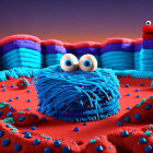 Blue Cookie Monster-like characters in 3D animation peeking over patterned surface