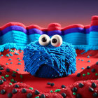 Colorful 3D illustration of blue furry creature in candy landscape