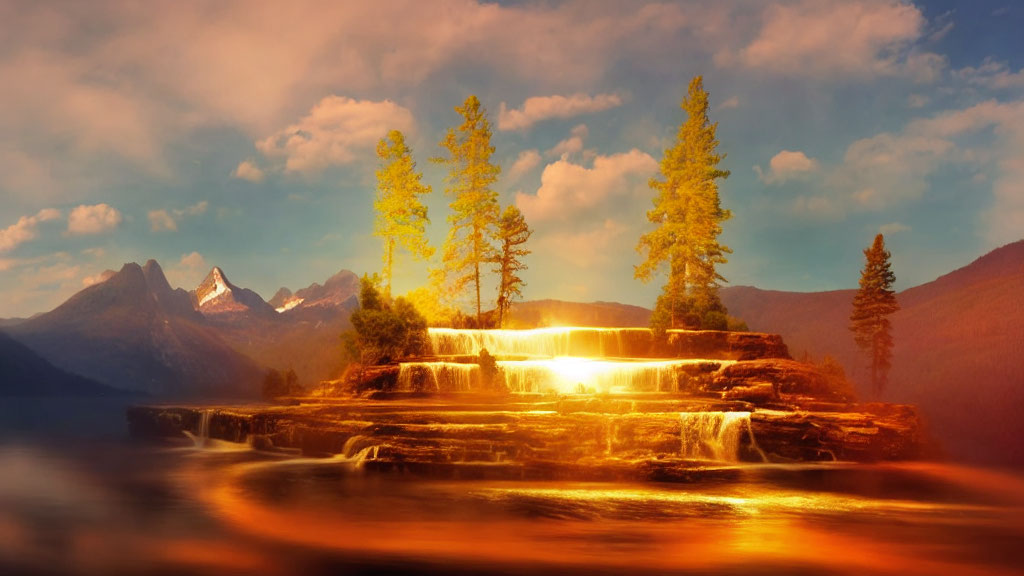 Scenic waterfall with golden sunlight on terraced rocks