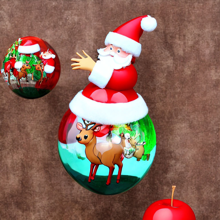 Santa Claus Figurine on Three Reindeer Ornaments Against Brown Background