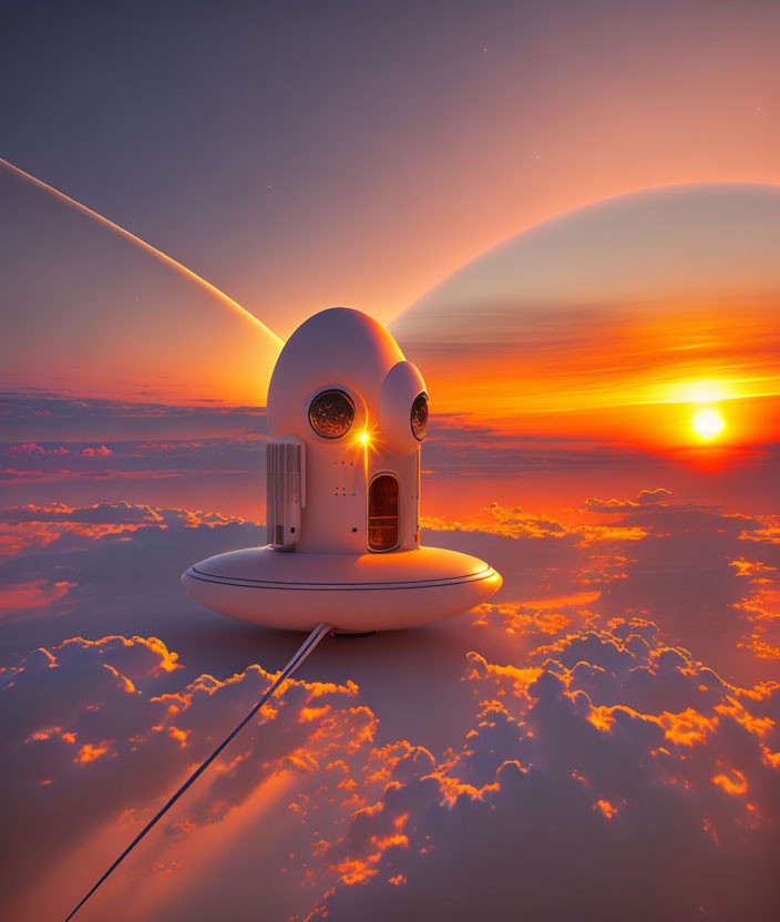 Futuristic floating dome structure with glowing circles above orange-tinted clouds at sunset