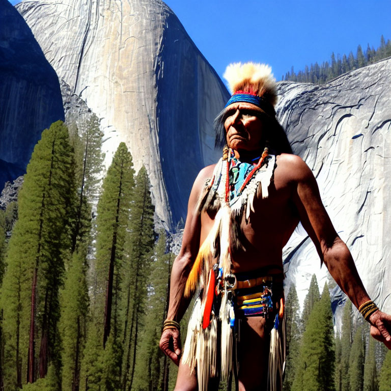 Native Attire Figure with Feathered Headdress in Nature Scene