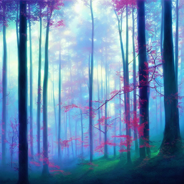 Mystical forest with tall trees in ethereal blue and purple hues