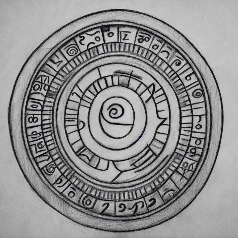 Detailed circular pencil sketch with intricate spiral patterns, symbols, and numbers.
