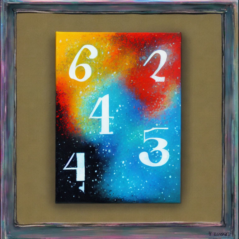 Abstract painting with scattered numerical digits on cosmic background in grey frame