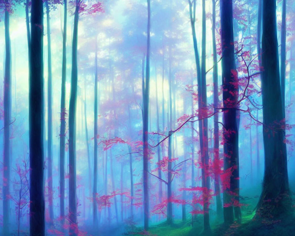Mystical forest with tall trees in ethereal blue and purple hues