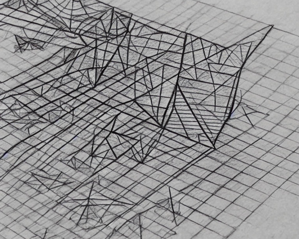 Detailed pencil drawing of 3D geometric shape on grid paper