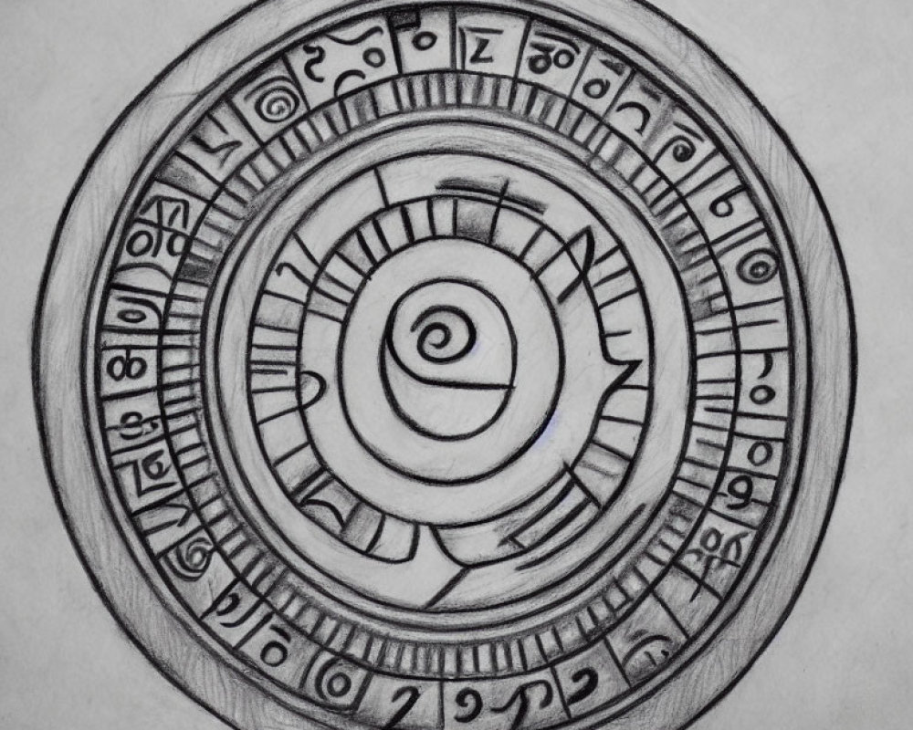 Detailed circular pencil sketch with intricate spiral patterns, symbols, and numbers.