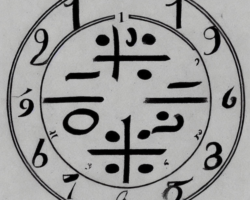 Monochrome circular symbol with abstract markings and numbers.