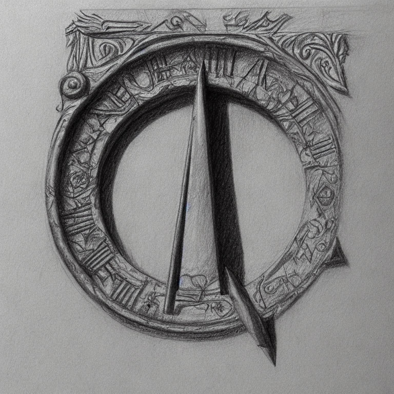 Detailed pencil sketch of stylized sundial with intricate patterns and Roman numerals