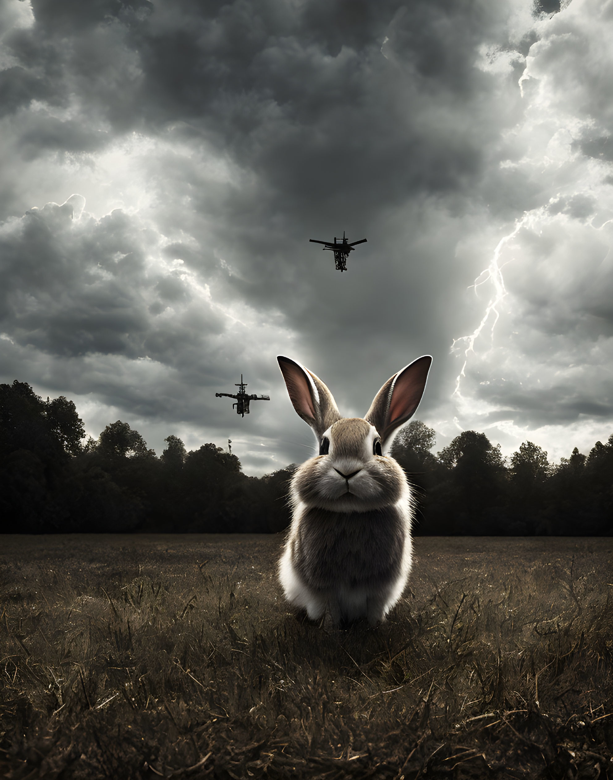 Fluffy rabbit in field under stormy sky with lightning and helicopters