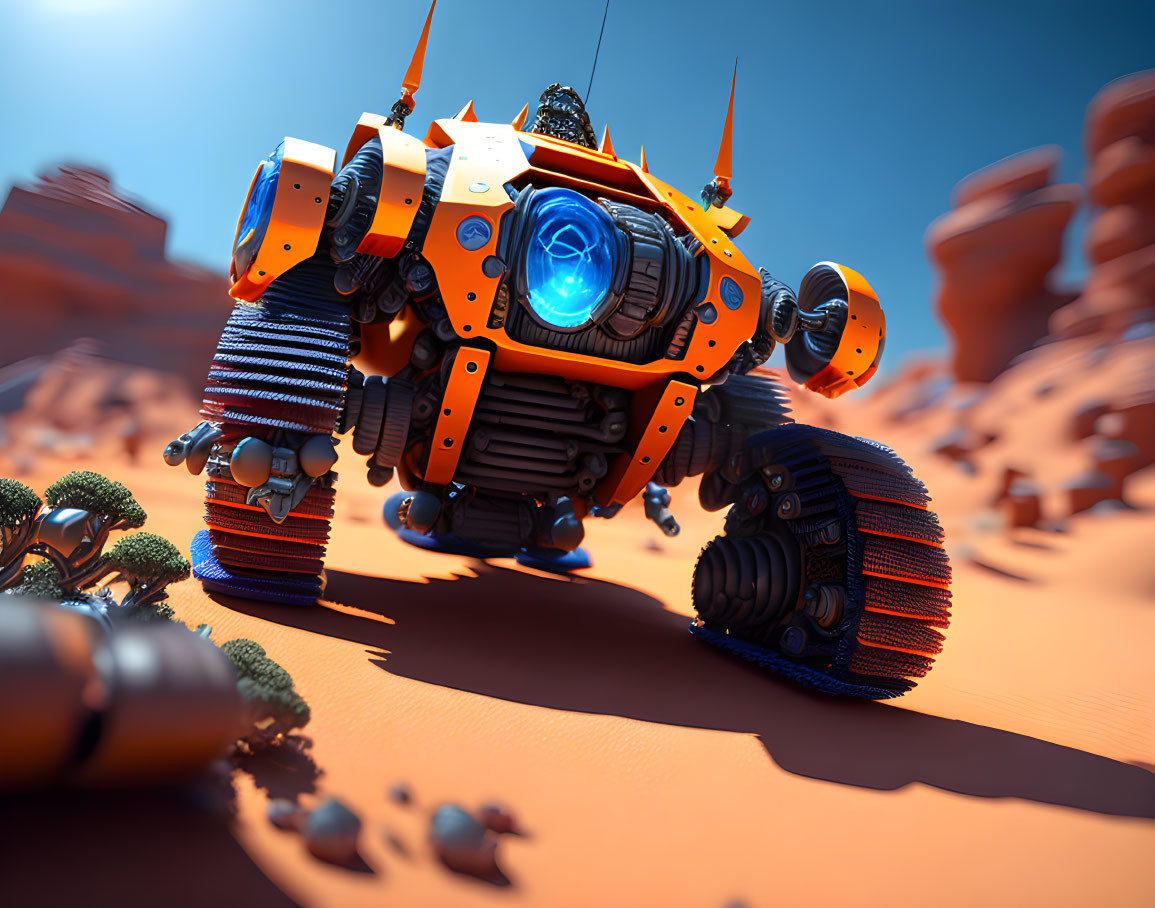 Orange Robot with Glowing Blue Core in Desert Landscape