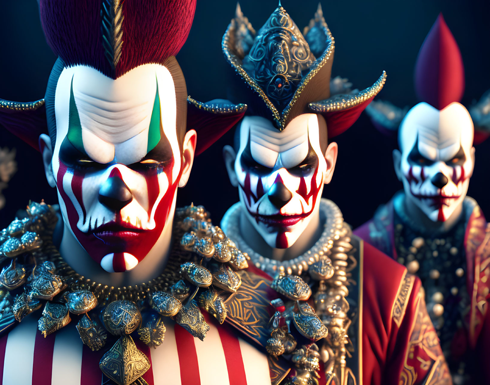 Three sinister clowns with elaborate costumes and menacing gaze on dark background.