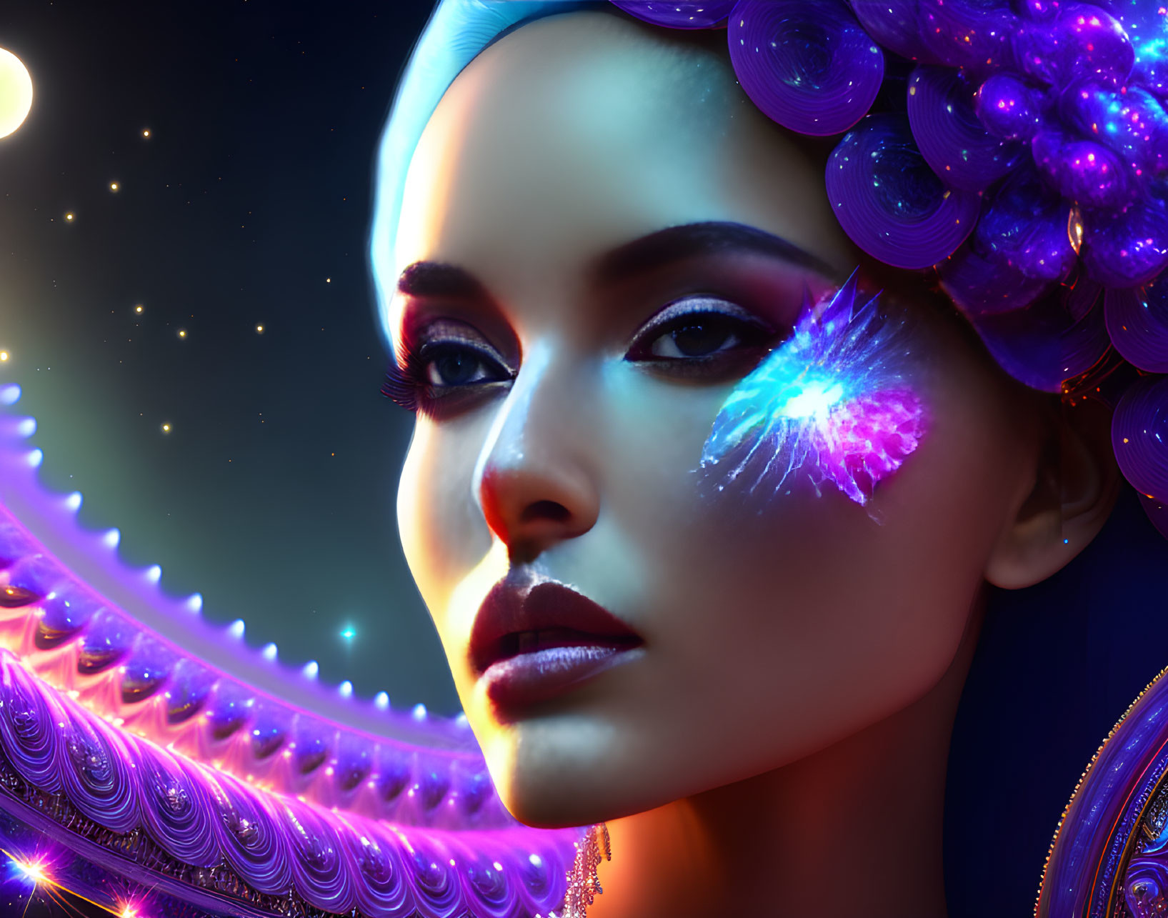 Futuristic digital artwork of woman with glowing makeup and cosmic backdrop