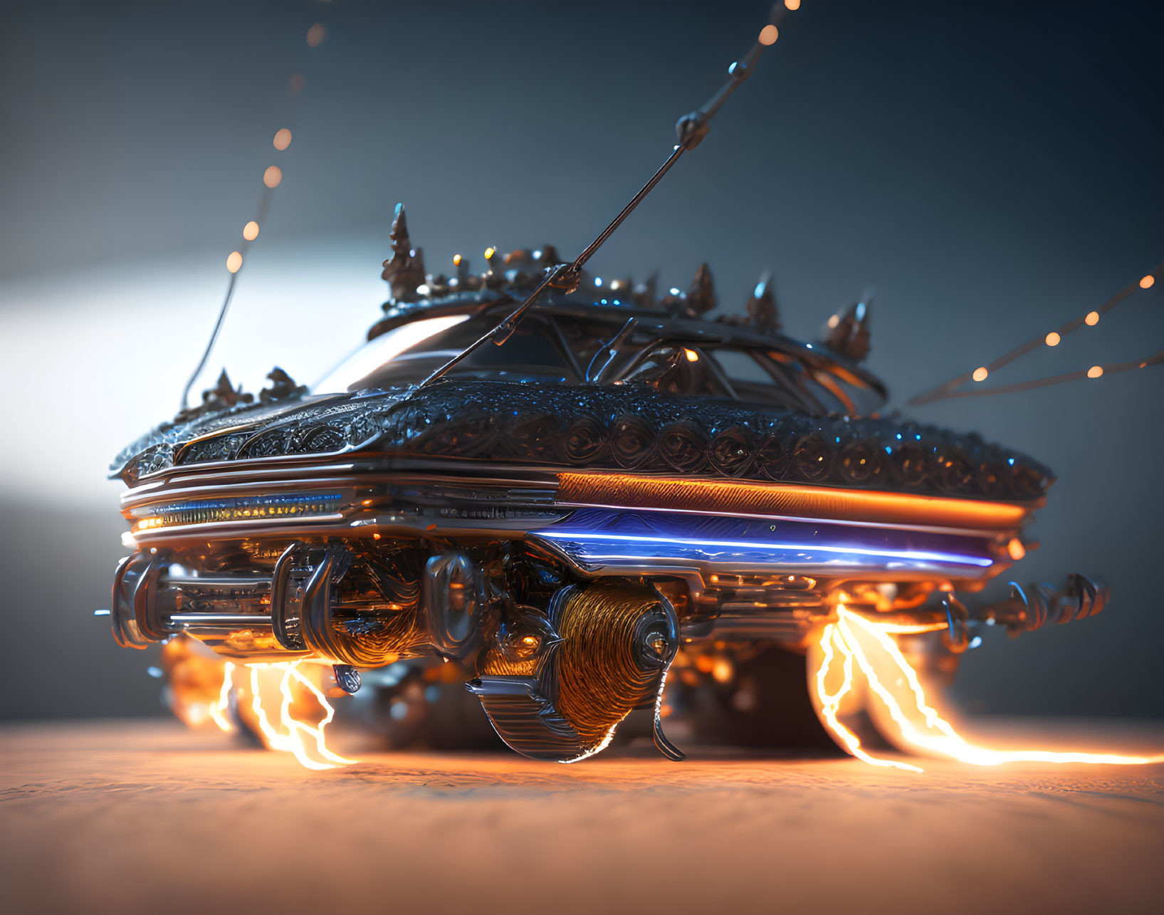 Detailed futuristic vehicle with intricate designs and neon blue lighting hovering above ground