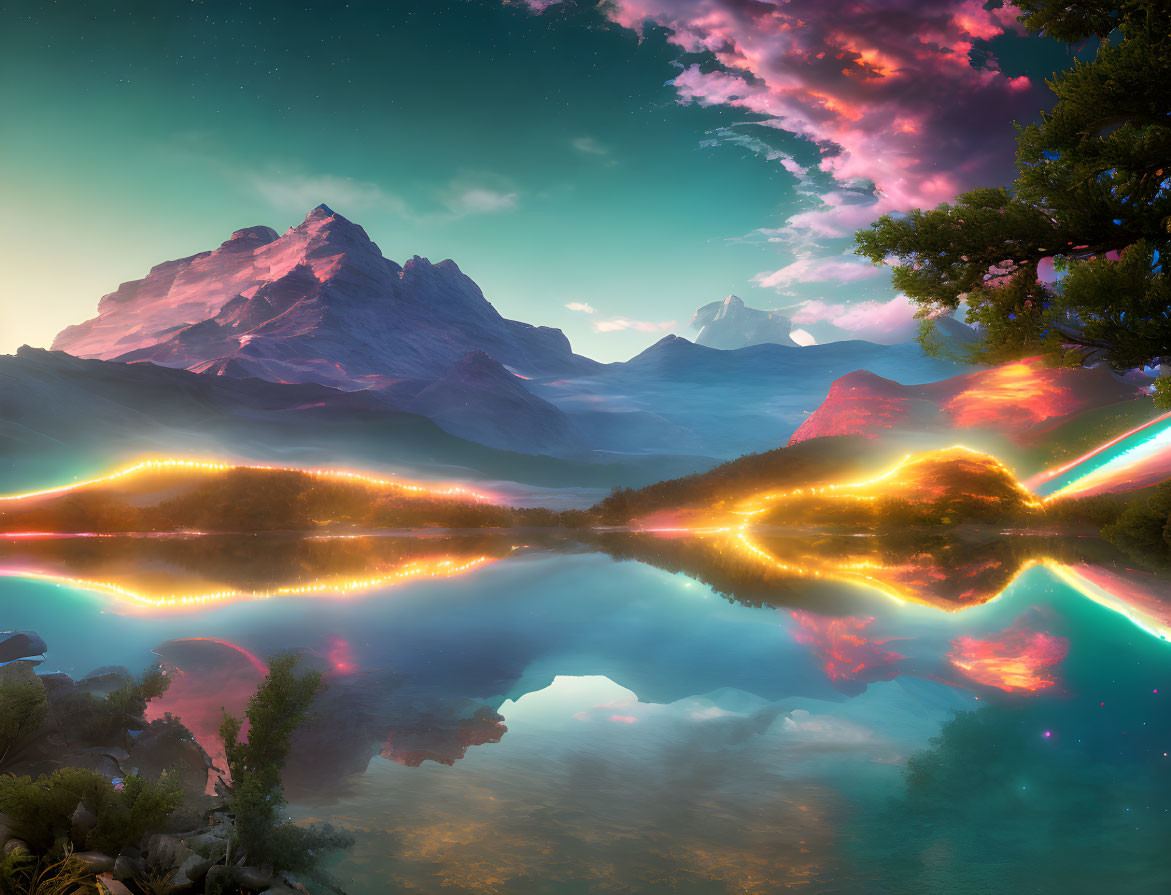 Vibrant sunset over serene lake with neon sky and mountains.