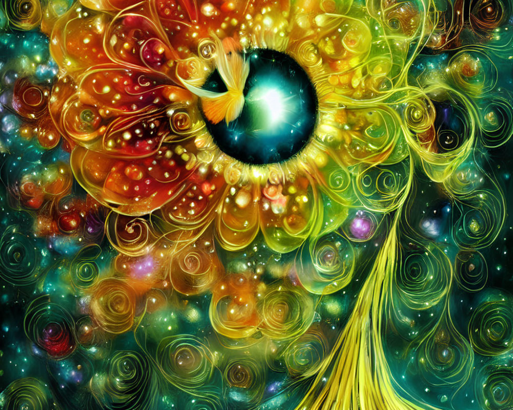 Detailed surreal artwork: Large eye amidst colorful swirls, cosmic motifs, floral & peacock feather fusion