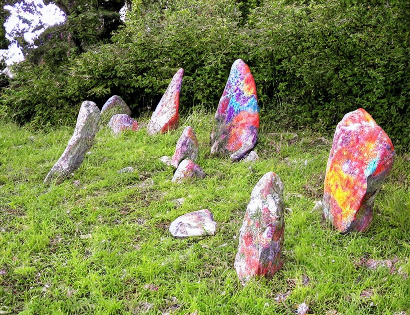 Colorful Standing Stones in Grassy Field