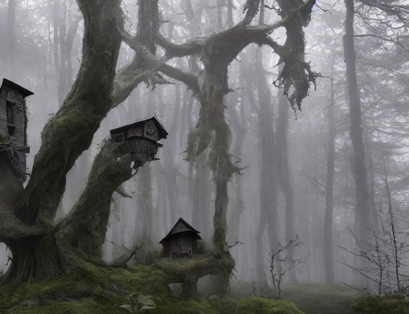 Enchanting misty forest with ancient tree and wooden houses