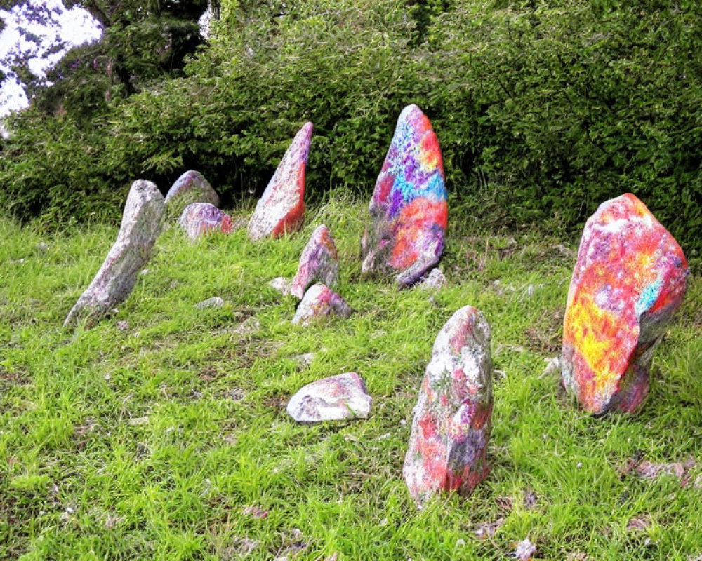 Colorful Standing Stones in Grassy Field