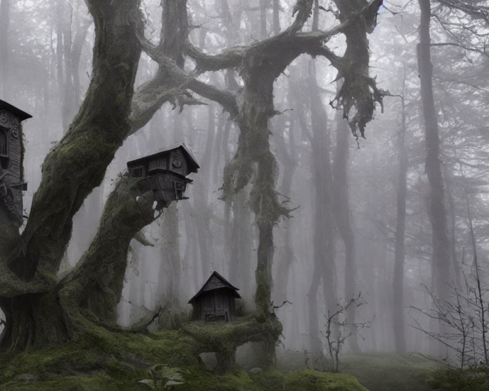 Enchanting misty forest with ancient tree and wooden houses