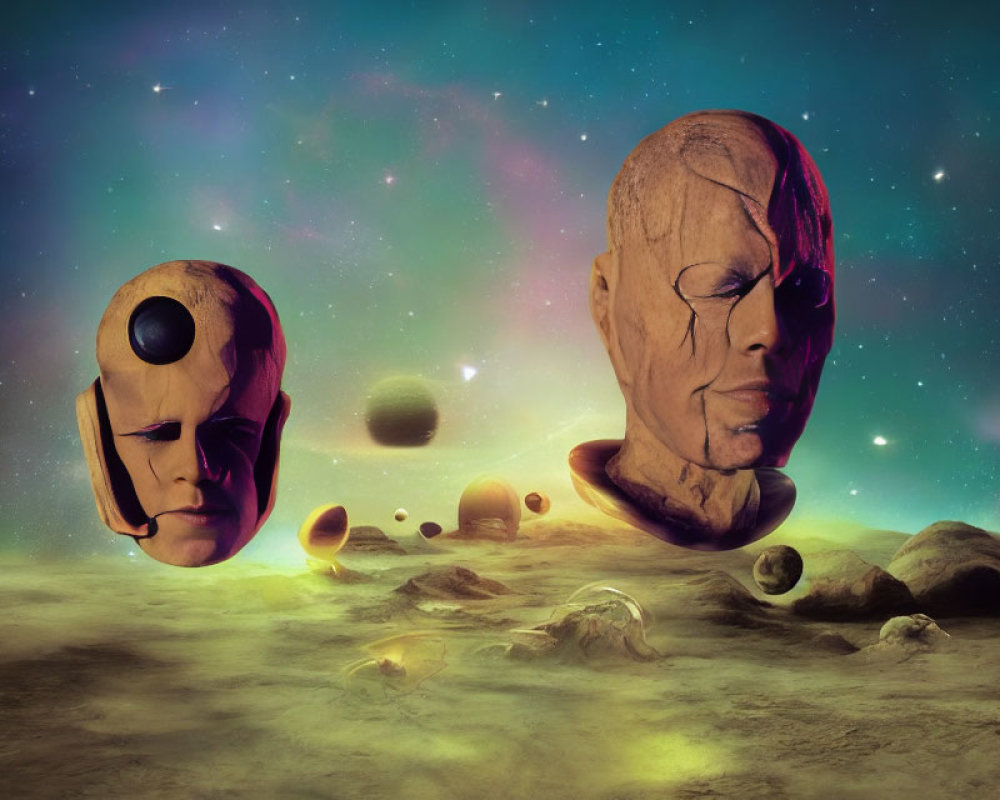 Surreal landscape with oversized floating human heads in cosmic sky