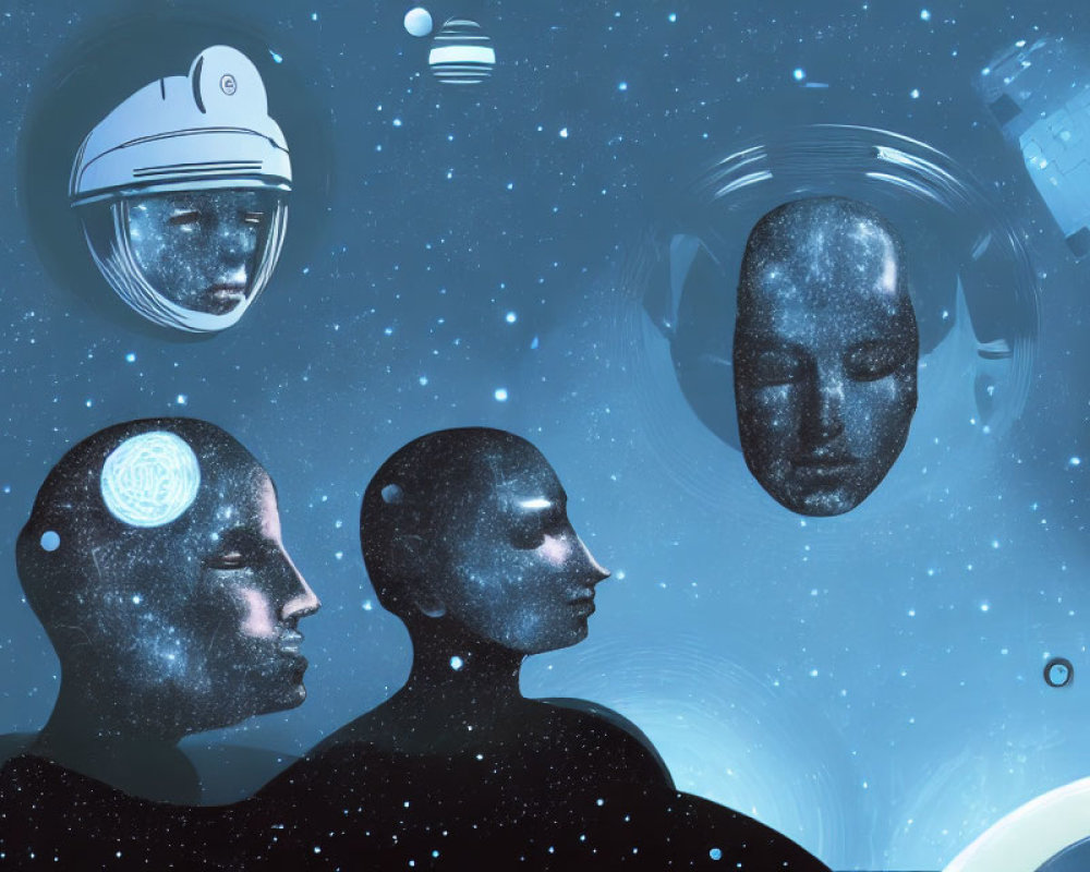 Surreal Artwork: Human-like Faces, Helmet, and Space Scene
