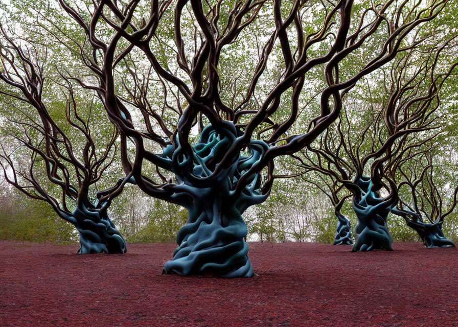 Twisting turquoise and brown tree trunks on reddish ground - surreal forest scene