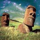 Surreal landscape with oversized floating human heads in cosmic sky