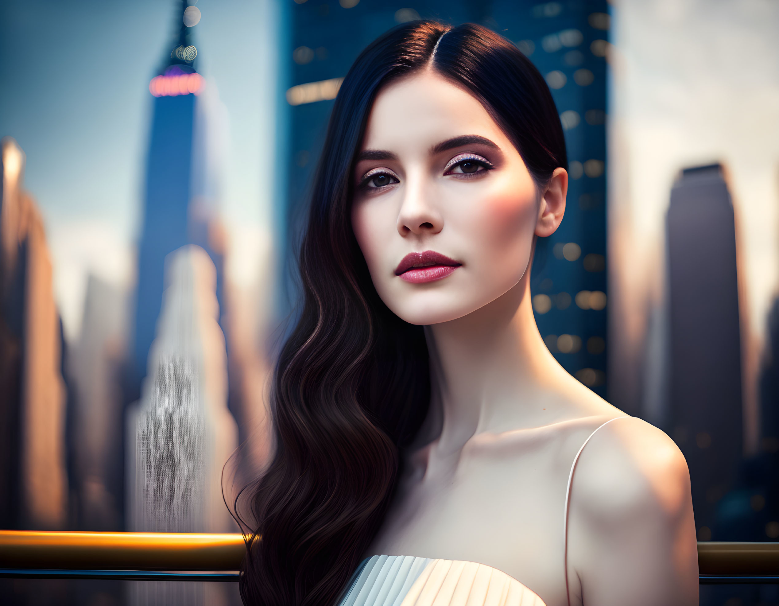 Long-haired woman with striking makeup in front of blurred cityscape under soft sunlight